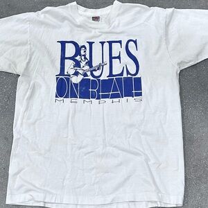 Fruit of the Loom White and Blue Graphic Tee